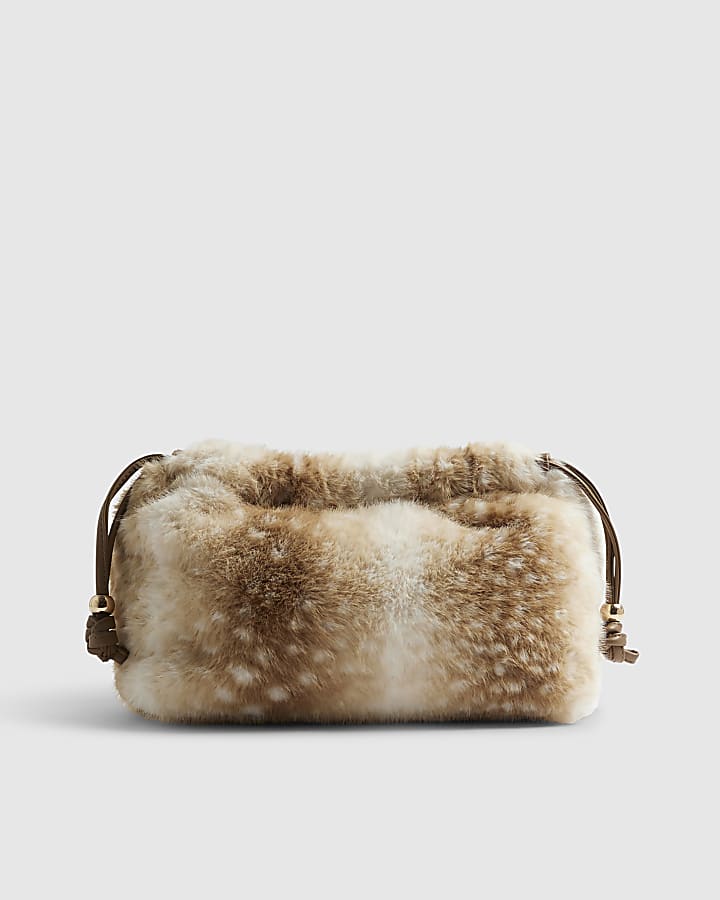 Beige Deer Print Faux Fur Clutch Bag