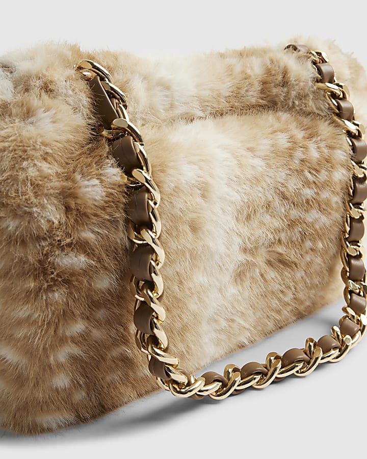 Beige Deer Print Faux Fur Clutch Bag