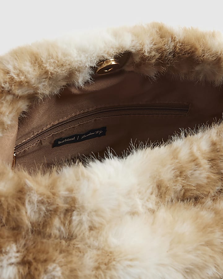 Beige Deer Print Faux Fur Clutch Bag