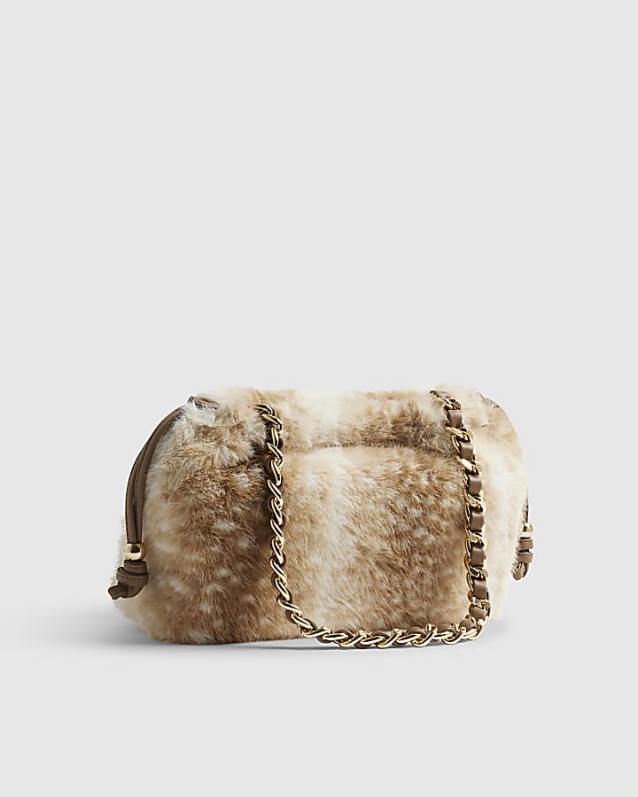 Beige Deer Print Faux Fur Clutch Bag