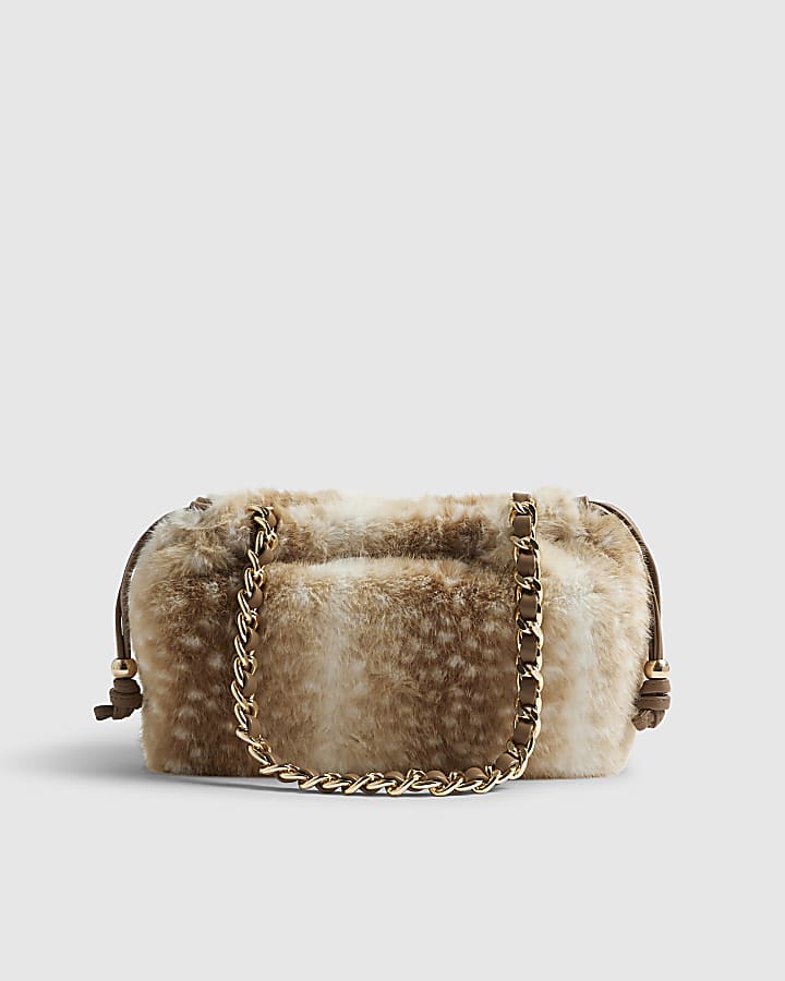 Beige Deer Print Faux Fur Clutch Bag