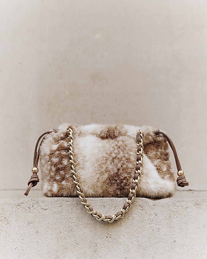 Beige Deer Print Faux Fur Clutch Bag