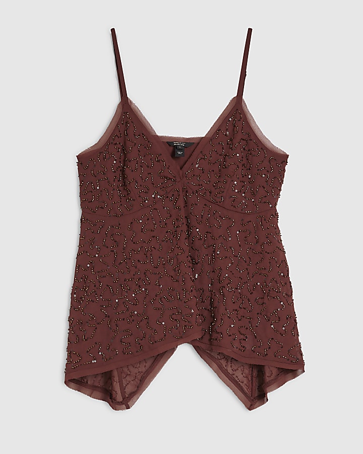 Red Embellished Hanky Hem Cami Top