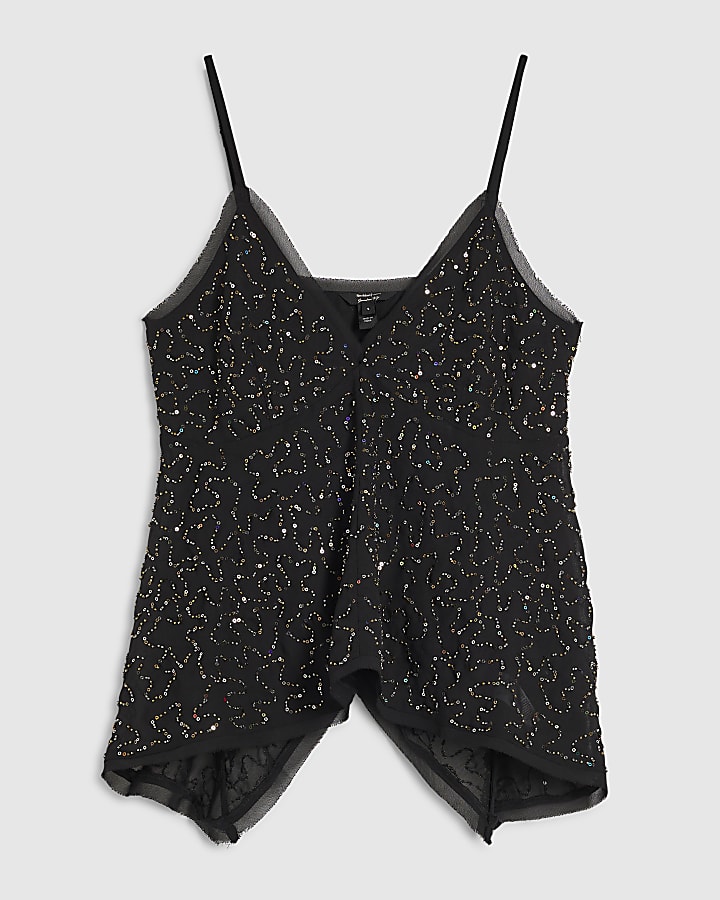 Black Embellished Hanky Hem Cami Top