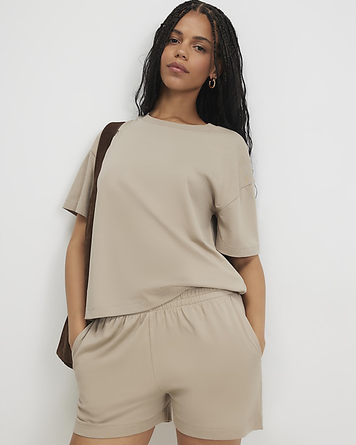 Beige Cotton T-Shirt And Shorts Set