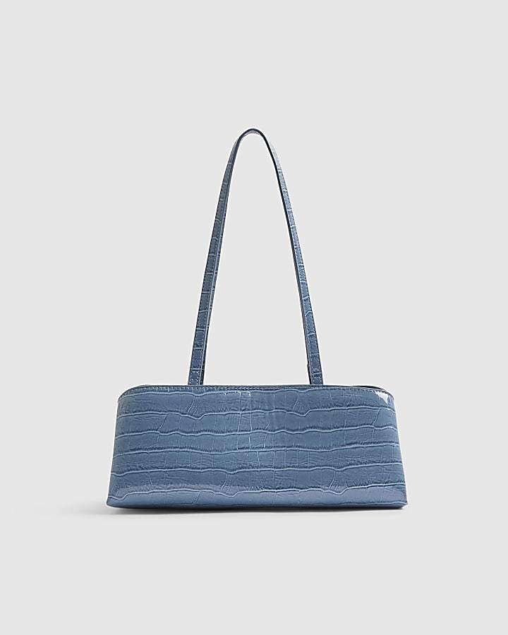 Blue Croc Print Metal Frame Shoulder Bag