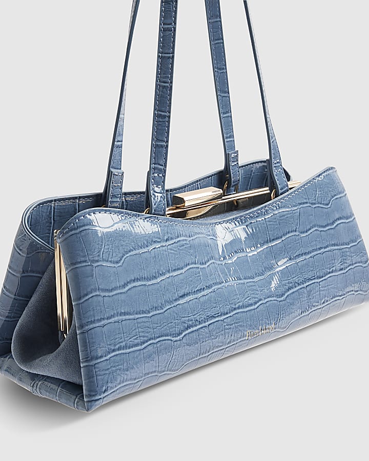 Blue Croc Print Metal Frame Shoulder Bag