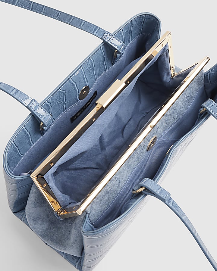 Blue Croc Print Metal Frame Shoulder Bag