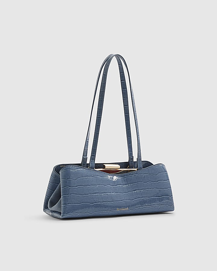 Blue Croc Print Metal Frame Shoulder Bag