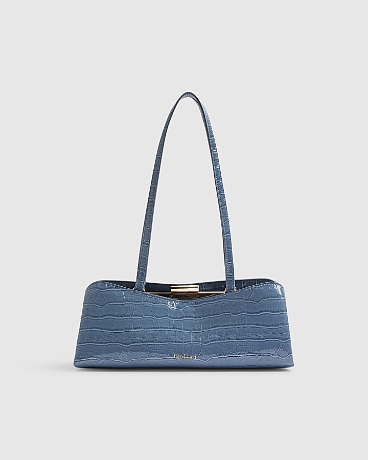 Blue Croc Print Metal Frame Shoulder Bag