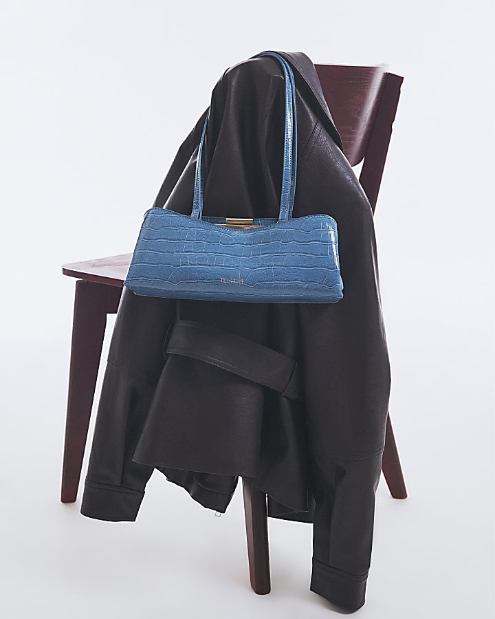 Blue Croc Print Metal Frame Shoulder Bag