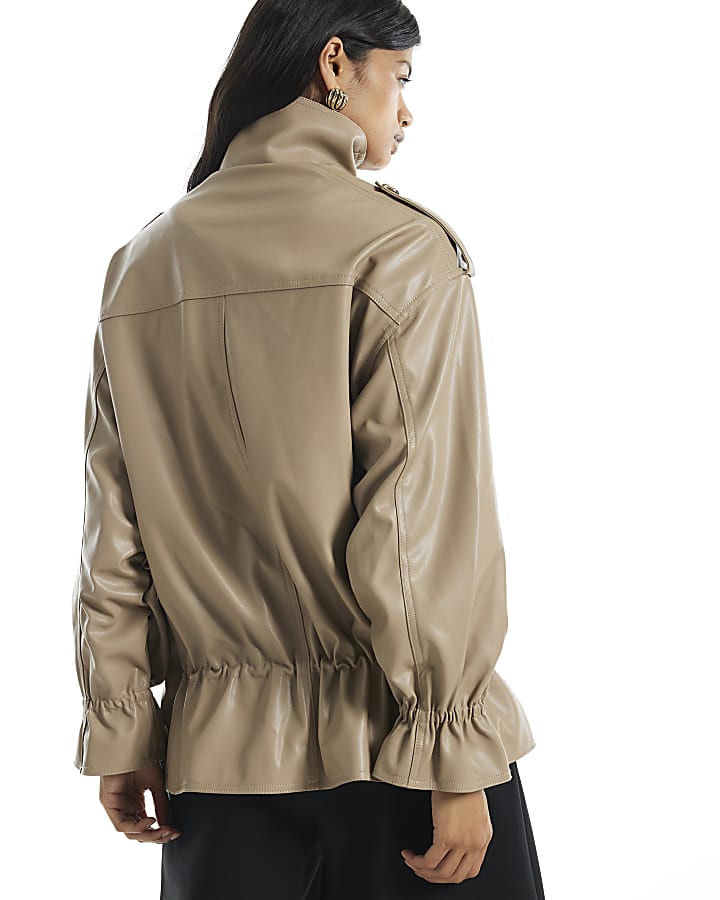 Beige Faux Leather Frogging Funnel Jacket