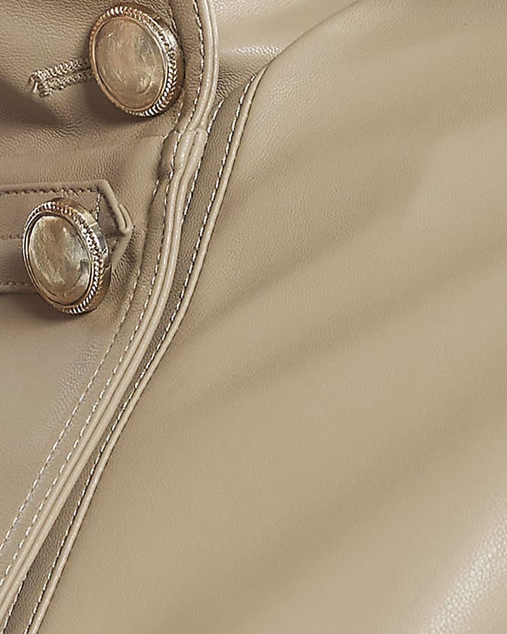 Beige Faux Leather Frogging Funnel Jacket