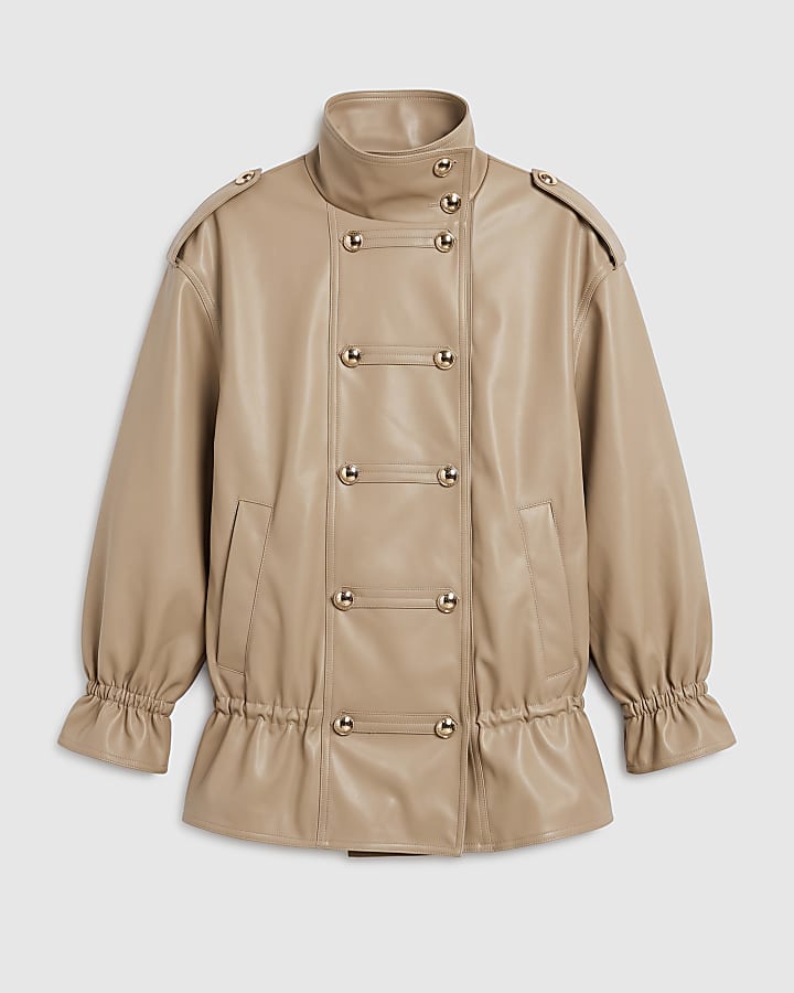 Beige Faux Leather Frogging Funnel Jacket