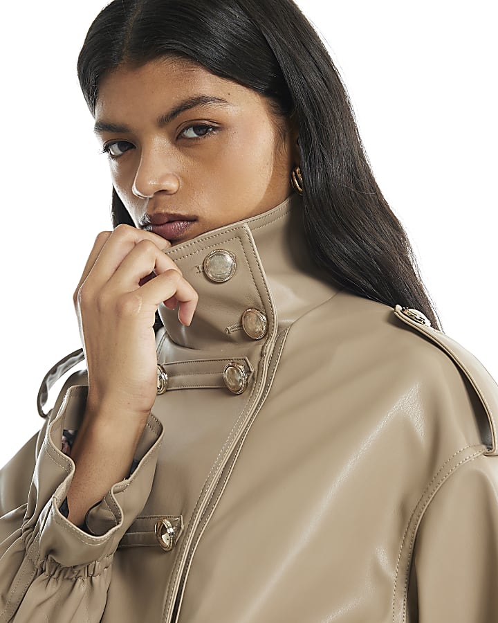 Beige Faux Leather Frogging Funnel Jacket