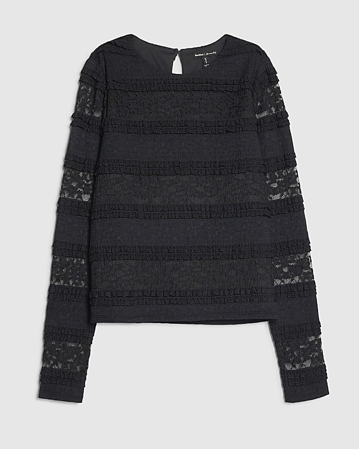 Black Ruffle Textured Lace Top