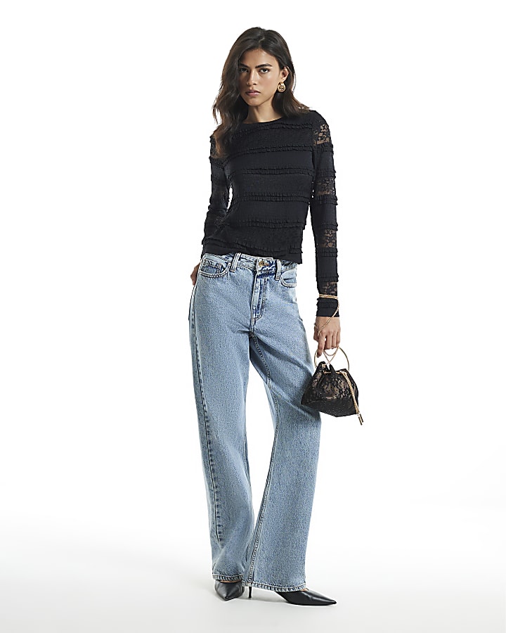 Black Ruffle Textured Lace Top