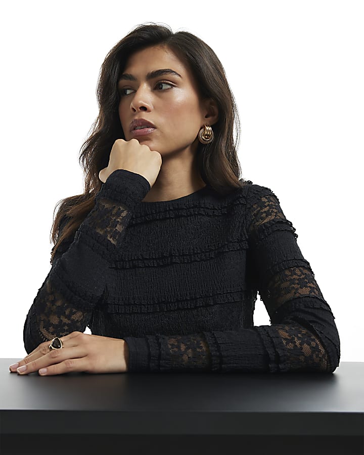 Black Ruffle Textured Lace Top