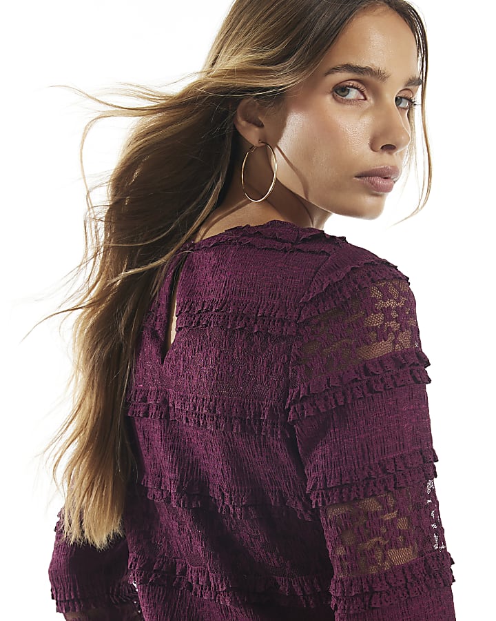 Burgundy Ruffle Textured Lace Top