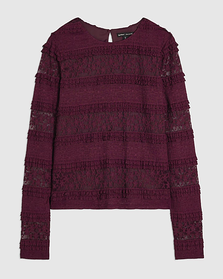 Burgundy Ruffle Textured Lace Top
