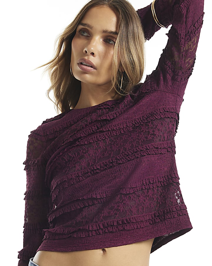 Burgundy Ruffle Textured Lace Top