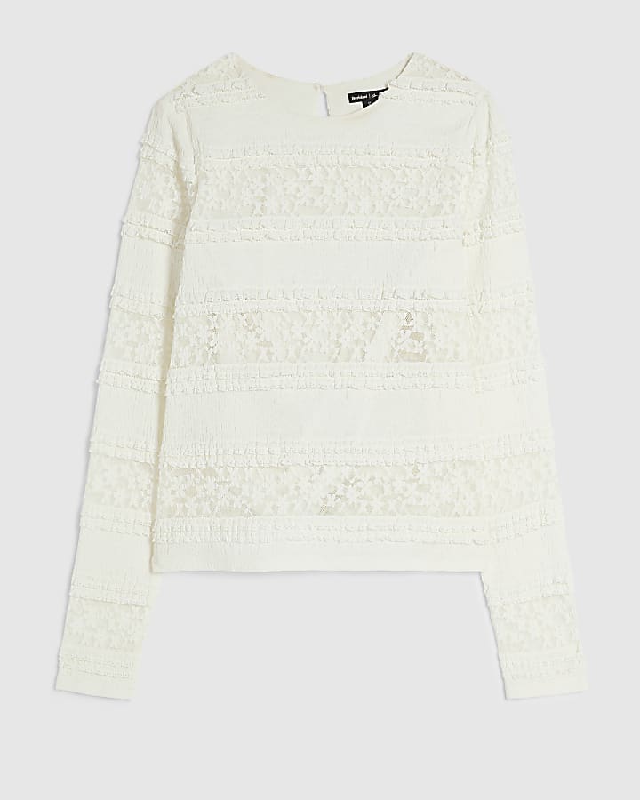 Cream Ruffle Textured Lace Top