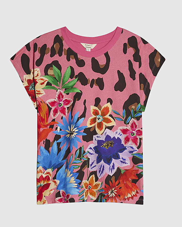 Pink Cotton Animal Floral T-Shirt