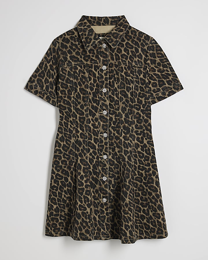 Brown Leopard Print Pleat Front Denim Dress