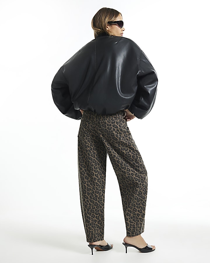Brown Leopard Print Mid Rise Barrel Leg Jeans