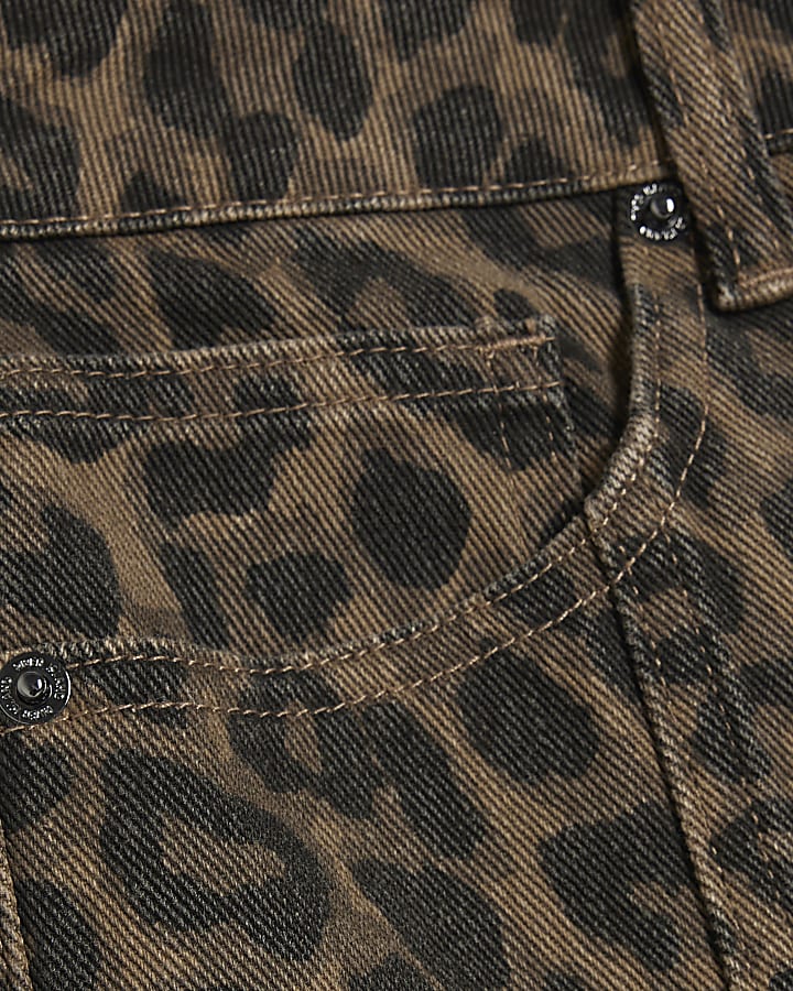 Brown Leopard Print Mid Rise Barrel Leg Jeans