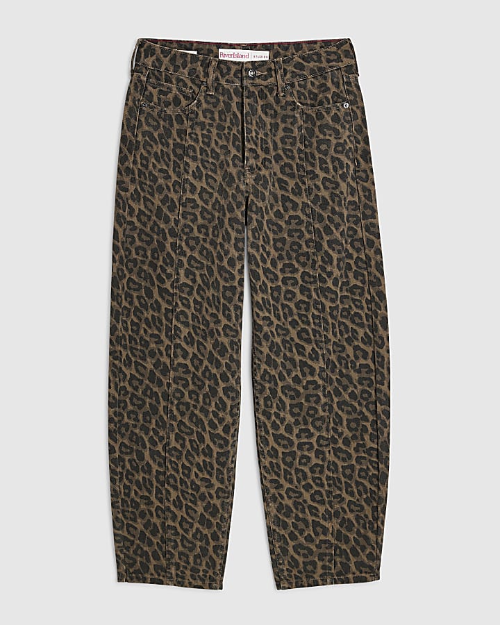 Brown Leopard Print Mid Rise Barrel Leg Jeans