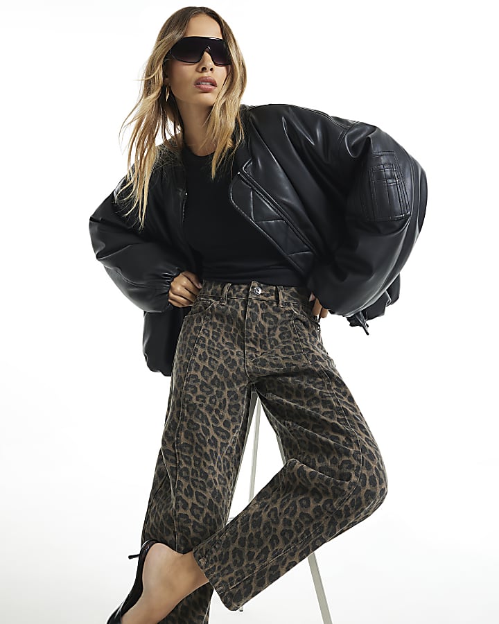 Brown Leopard Print Mid Rise Barrel Leg Jeans
