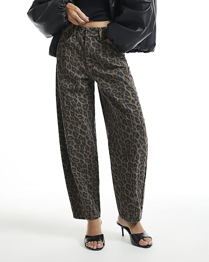 Brown Leopard Print Mid Rise Barrel Leg Jeans