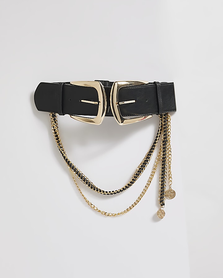 Black Faux Leather Chunky Chain Belt