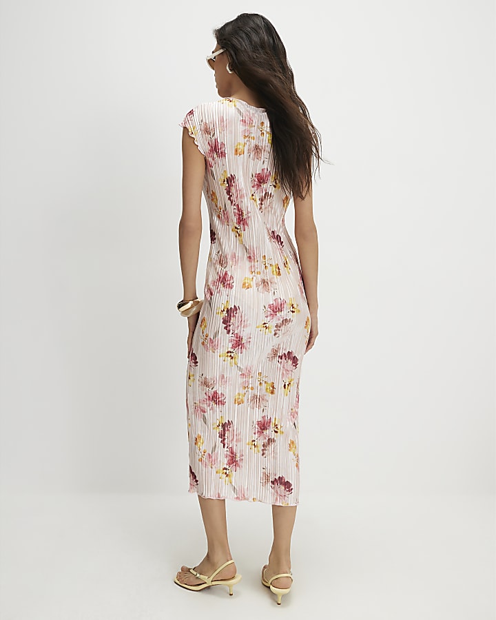 Pink Short Sleeve Floral Plisse Midi Dress