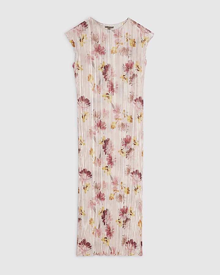 Pink Short Sleeve Floral Plisse Midi Dress