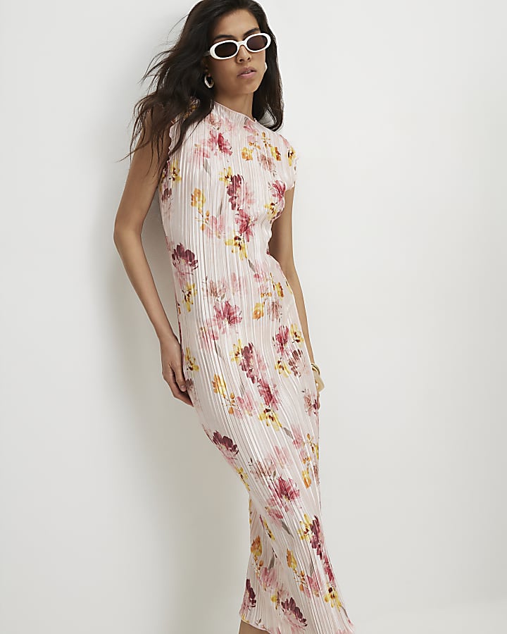 Pink Short Sleeve Floral Plisse Midi Dress