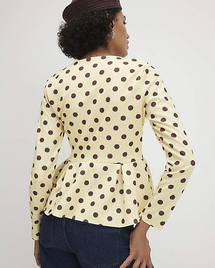 Yellow Button Front Spot Print Peplum Top