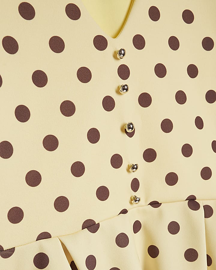 Yellow Button Front Spot Print Peplum Top