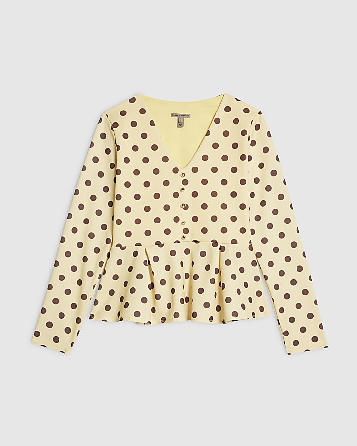 Yellow Button Front Spot Print Peplum Top