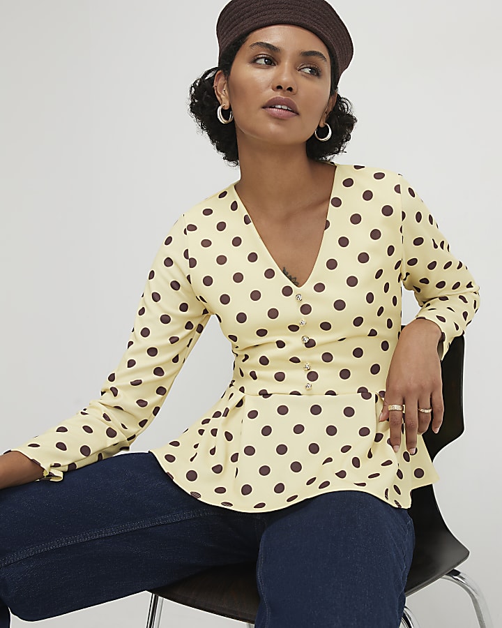 Yellow Button Front Spot Print Peplum Top