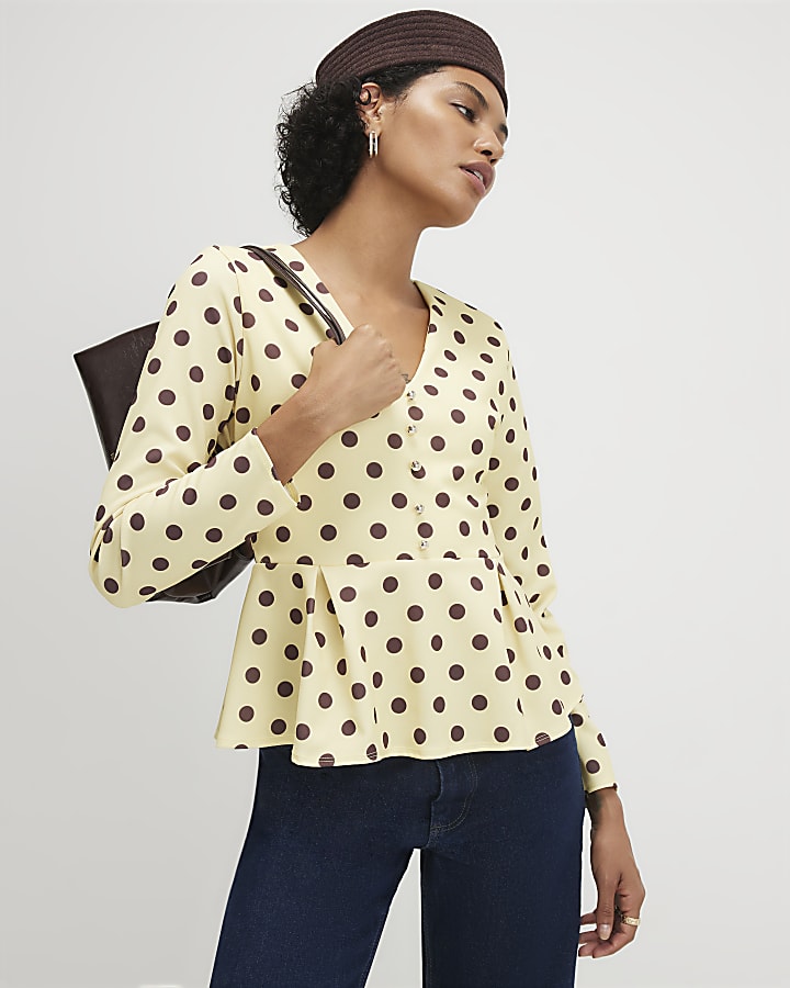 Yellow Button Front Spot Print Peplum Top