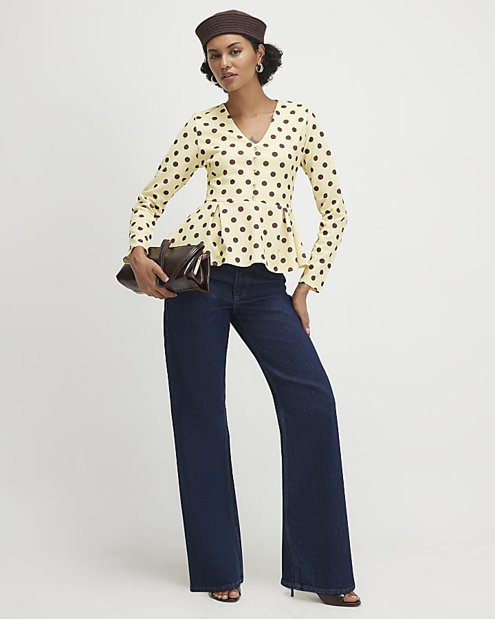 Yellow Button Front Spot Print Peplum Top