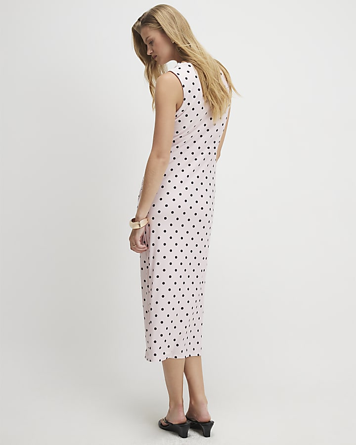 Pink Spot Print Asymmetric Neck Midi Dress