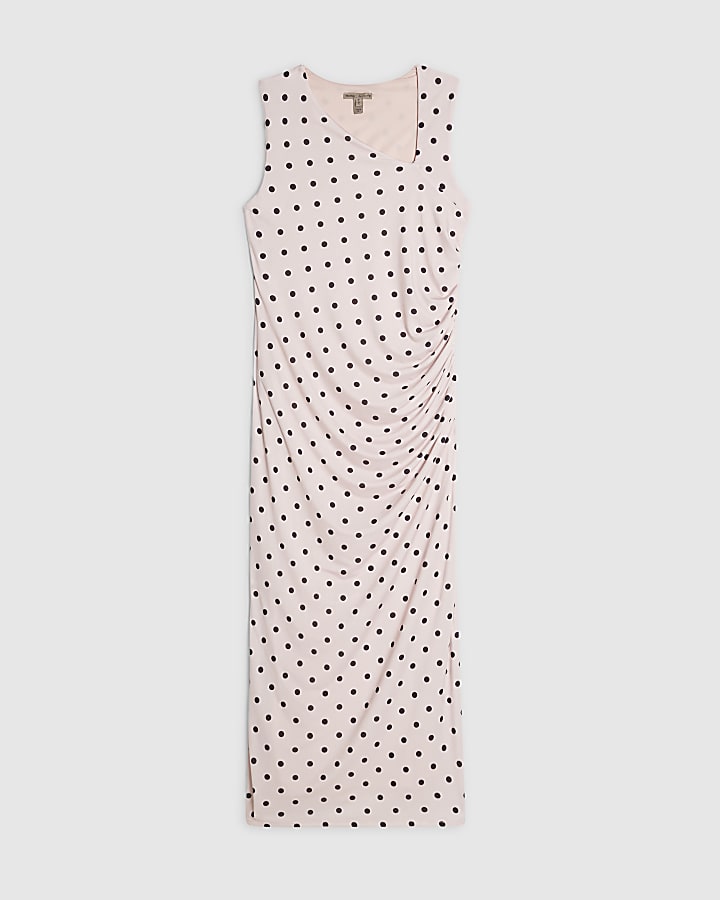 Pink Spot Print Asymmetric Neck Midi Dress