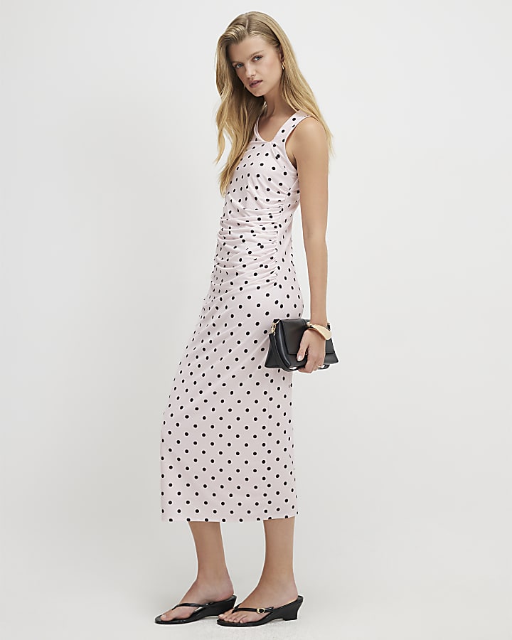 Pink Spot Print Asymmetric Neck Midi Dress