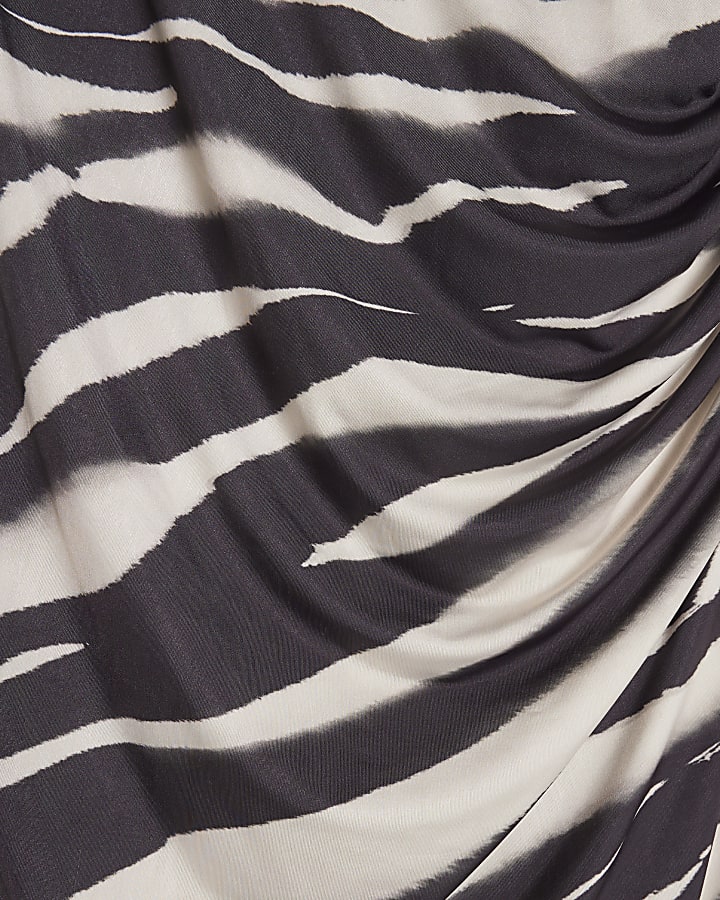 Cream Zebra Print Asymmetric Neck Midi Dress