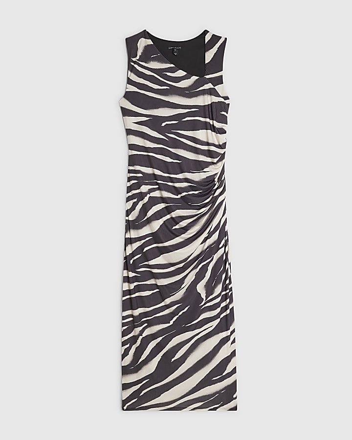 Cream Zebra Print Asymmetric Neck Midi Dress
