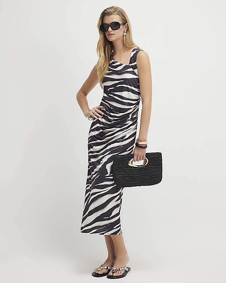Cream Zebra Print Asymmetric Neck Midi Dress