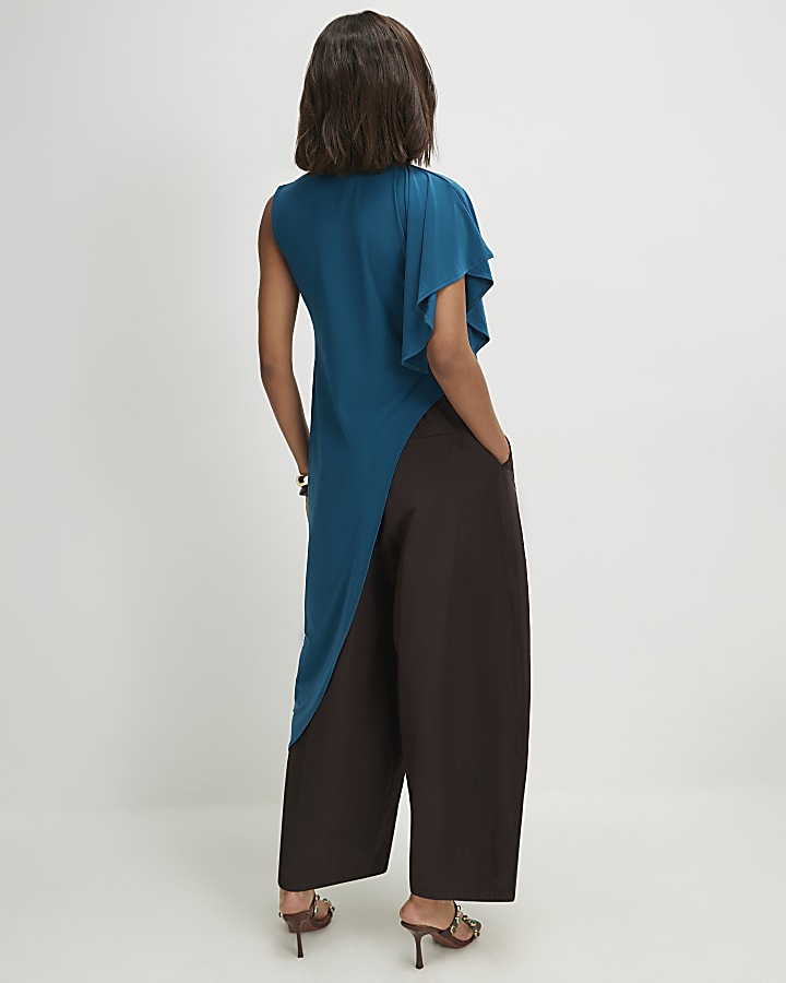 Blue High Neck Asymmetric Longline Top